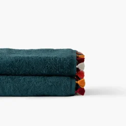 Carré Blanc Drap de bain coton Eclats bleu pétrole| Draps De Bain