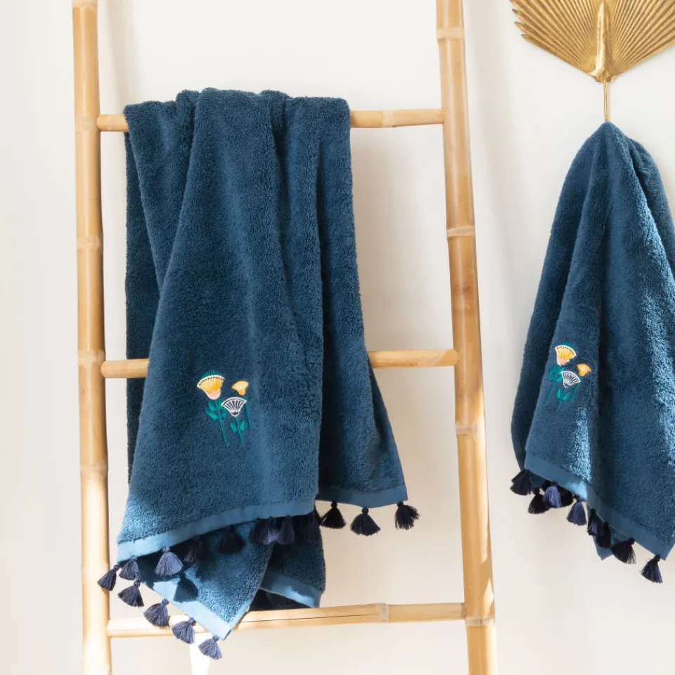 Carré Blanc Drap de bain coton Papyrus bleu d'Egypte| Draps De Bain