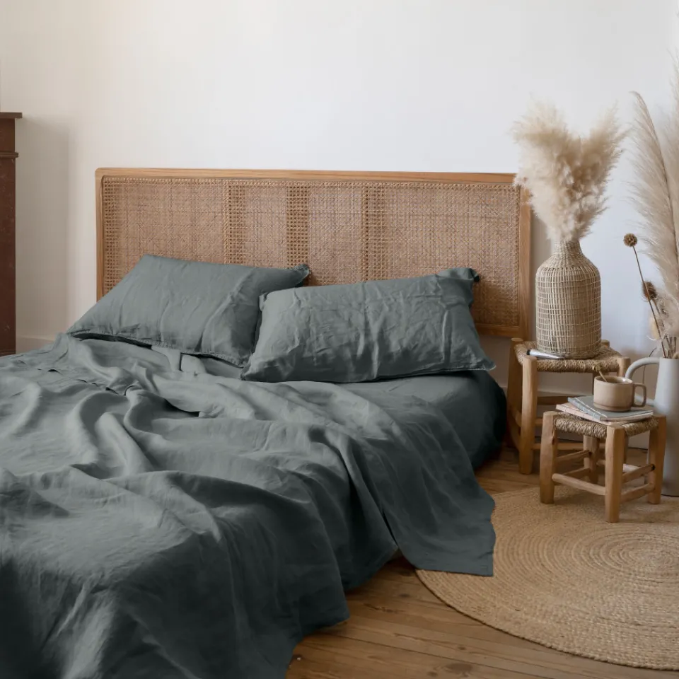 Carré Blanc Drap de lit lin lavé Songe kaki cendré| Draps De Lit