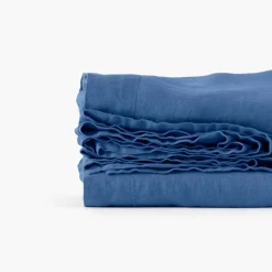 Carré Blanc Drap de lit lin lavé Songe bleu de chine| Draps De Lit