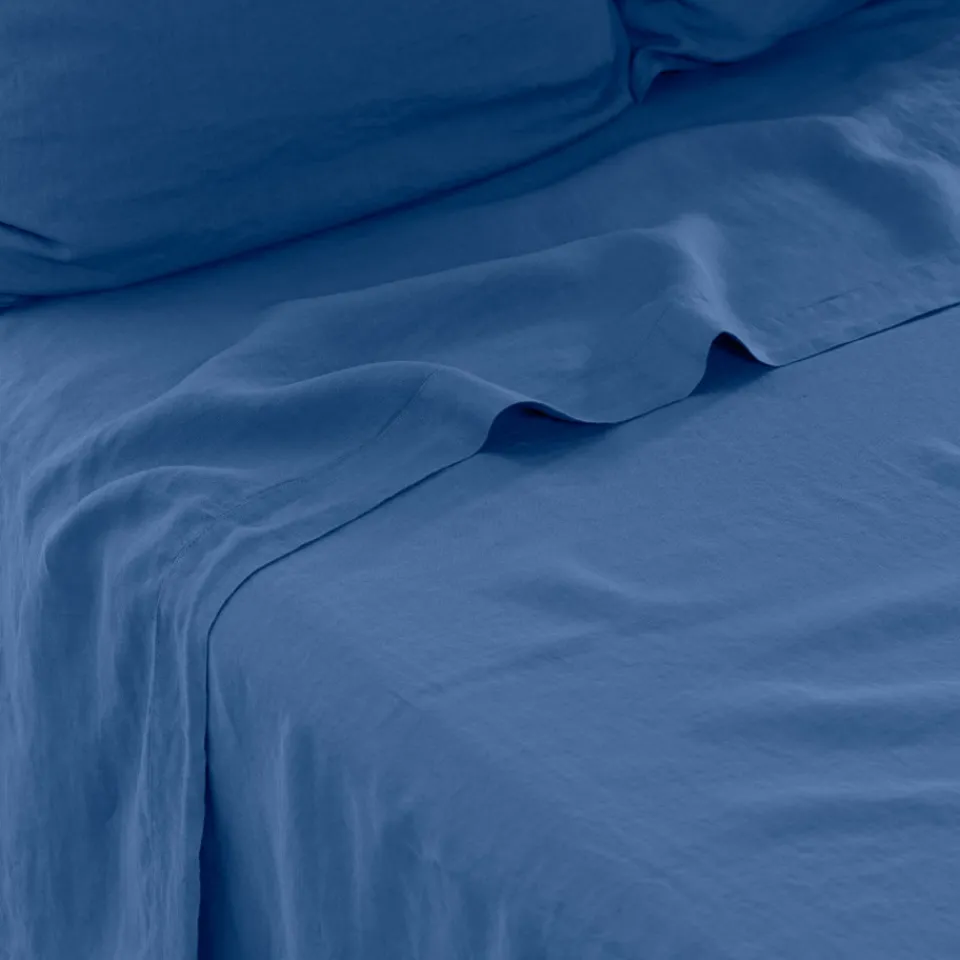 Carré Blanc Drap de lit lin lavé Songe bleu de chine| Draps De Lit