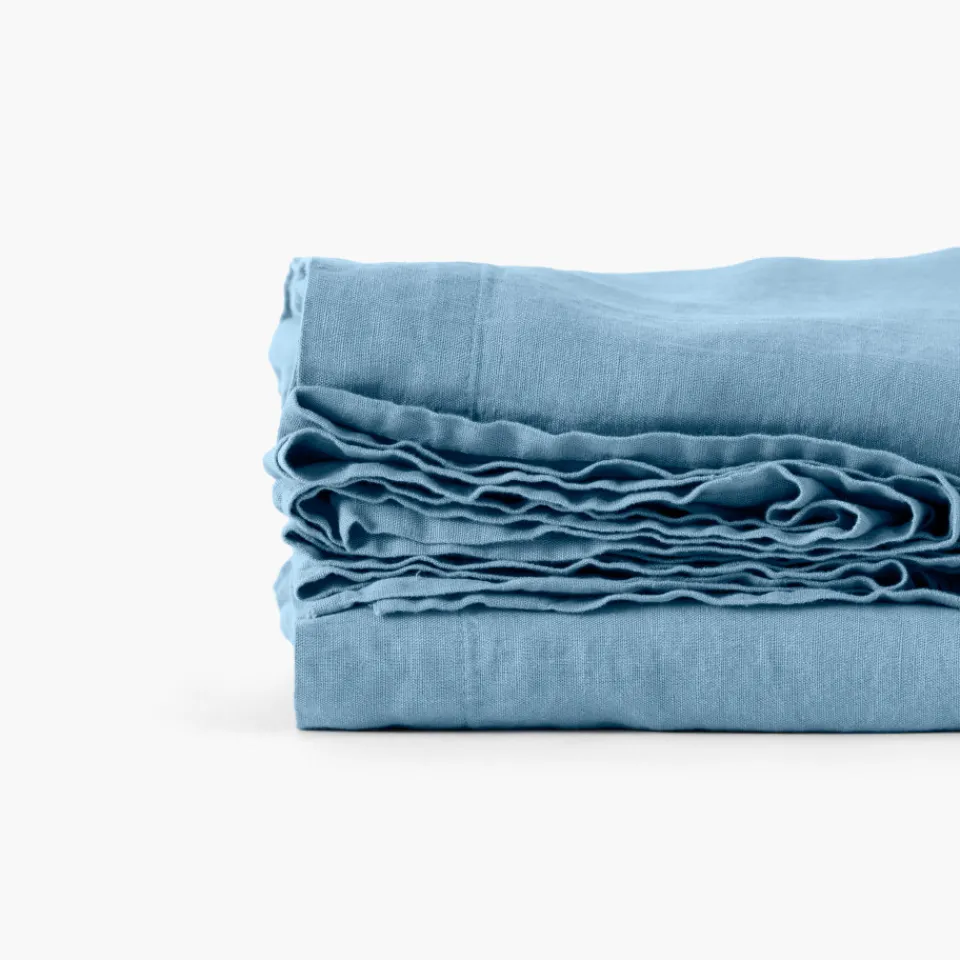 Carré Blanc Drap de lit lin lavé Songe bleu baltique| Draps De Lit