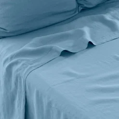 Carré Blanc Drap de lit lin lavé Songe bleu baltique| Draps De Lit