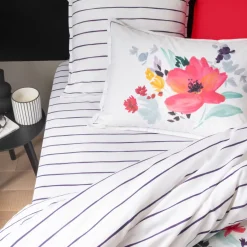 Carré Blanc Drap housse percale de coton imprimé rayures Ode| Draps Housse