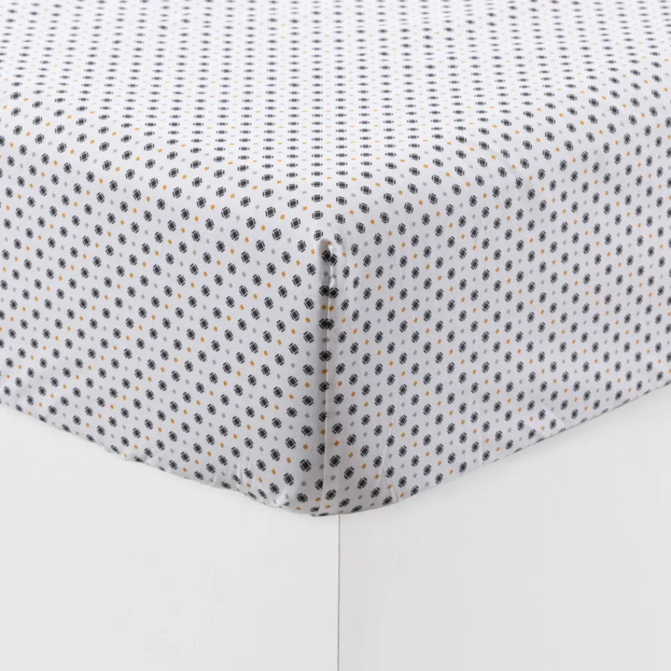 Carré Blanc Drap housse percale de coton Neo anthracite géométrique| Draps Housse