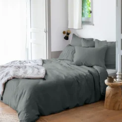 Carré Blanc Housse de couette lin et coton lavé Songe kaki cendré| Housses De Couette