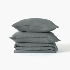 Carré Blanc Housse de couette lin et coton lavé Songe kaki cendré| Housses De Couette