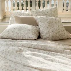 Carré Blanc Housse de couette lin et coton lavé Songe grège floral| Housses De Couette