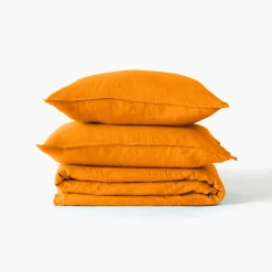 Carré Blanc Housse de couette lin et coton lavé Songe curcuma| Housses De Couette