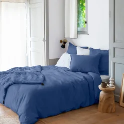 Carré Blanc Housse de couette lin et coton lavé Songe bleu de chine| Housses De Couette