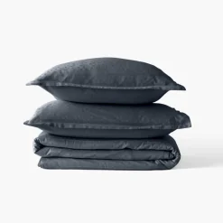 Carré Blanc Housse de couette satin de coton jacquard pois et rayures Prestige bleu nuit| Housses De Couette