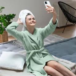 Carré Blanc Peignoir ado fille coton moelleux Julia eucalyptus|Enfant Peignoirs 10 Ans - 16 Ans