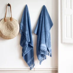 Carré Blanc Serviette de toilette bouclette de coton Madeleine indigo| Serviettes De Toilette