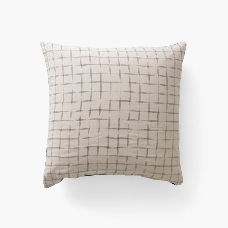 Carré Blanc Taie d'oreiller carrée lin et coton lavé Songe charbon carreaux| Taies D’oreiller