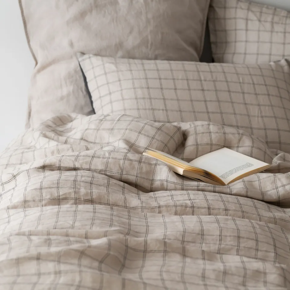 Carré Blanc Taie d'oreiller carrée lin et coton lavé Songe charbon carreaux| Taies D’oreiller