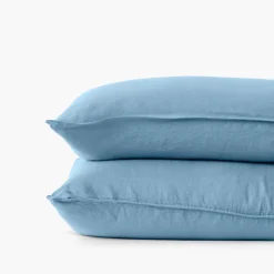 Carré Blanc Taie d'oreiller carrée lin lavé Songe bleu baltique| Taies D’oreiller