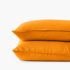 Carré Blanc Taie d'oreiller carrée lin lavé Songe curcuma| Taies D’oreiller