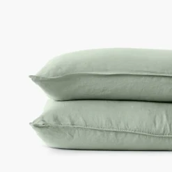 Carré Blanc Taie d'oreiller carrée lin et coton lavé Songe Eucalyptus| Taies D’oreiller