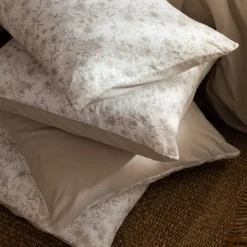 Carré Blanc Taie d'oreiller rectangulaire lin et coton lavé Songe grège floral| Taies D’oreiller