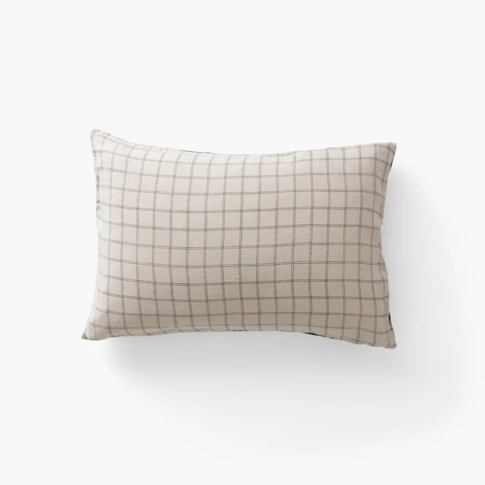 Carré Blanc Taie d'oreiller rectangulaire lin et coton lavé Songe charbon carreaux| Taies D’oreiller