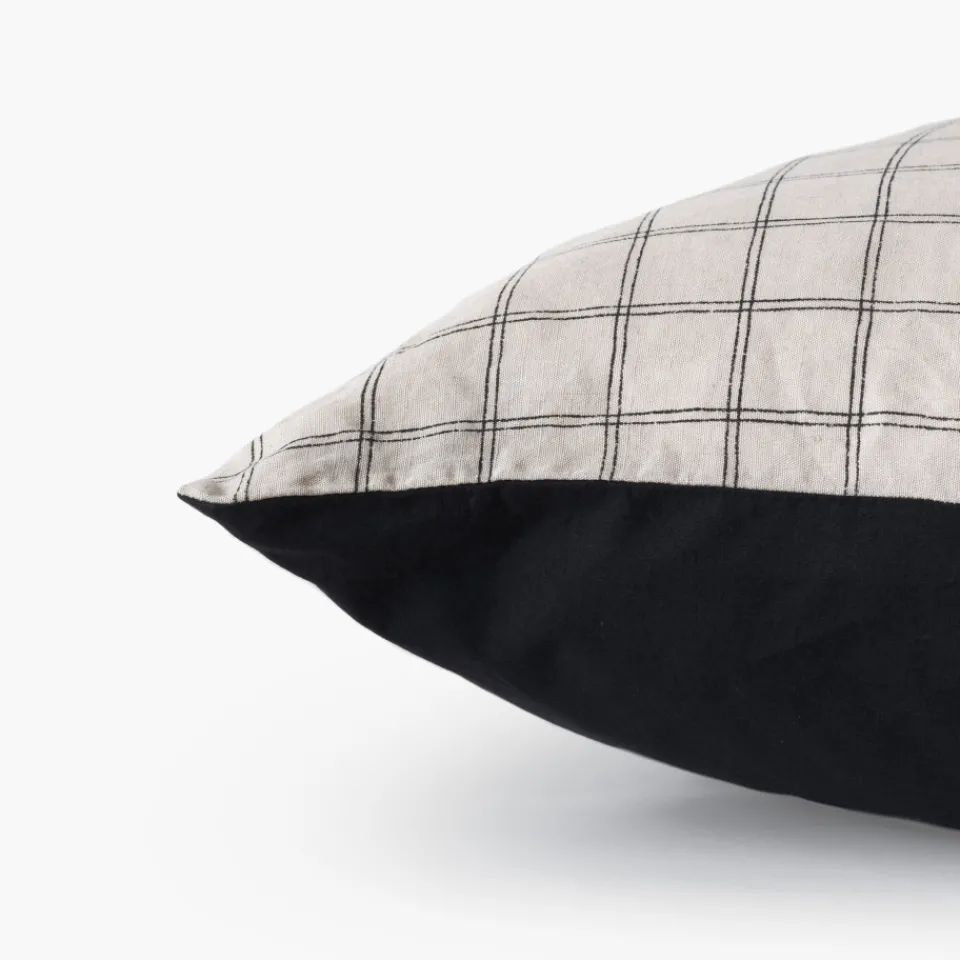 Carré Blanc Taie d'oreiller rectangulaire lin et coton lavé Songe charbon carreaux| Taies D’oreiller