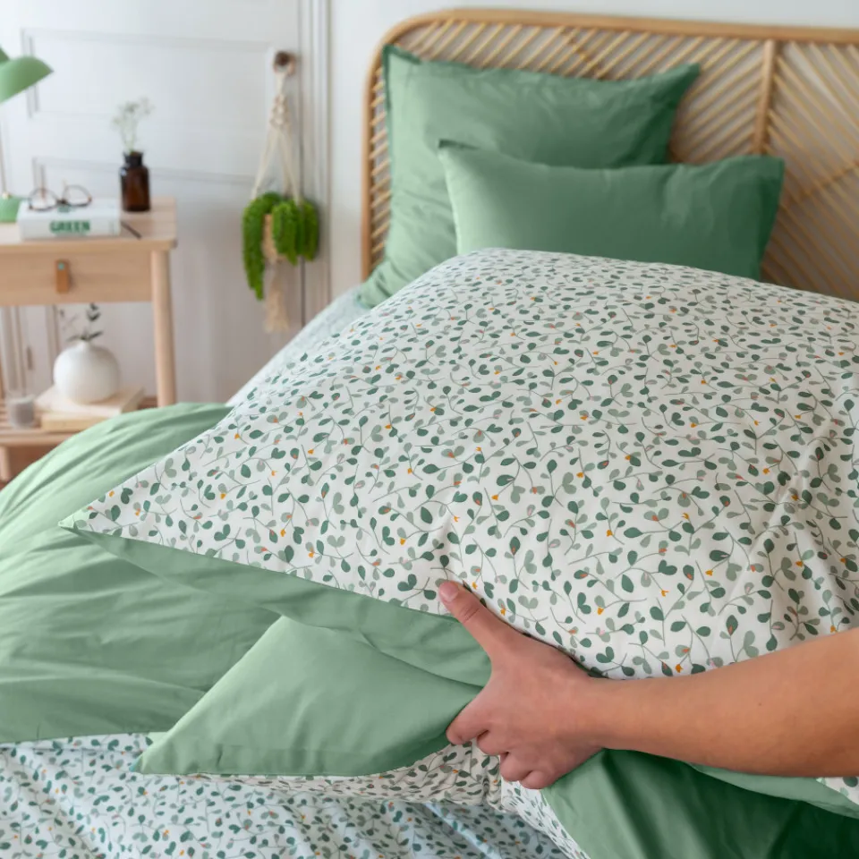 Carré Blanc Taie d'oreiller rectangulaire percale de coton Neo thym végétal| Taies D’oreiller