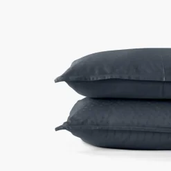 Carré Blanc Taie d'oreiller rectangulaire satin de coton jacquard pois et rayures Prestige bleu nuit| Taies D’oreiller